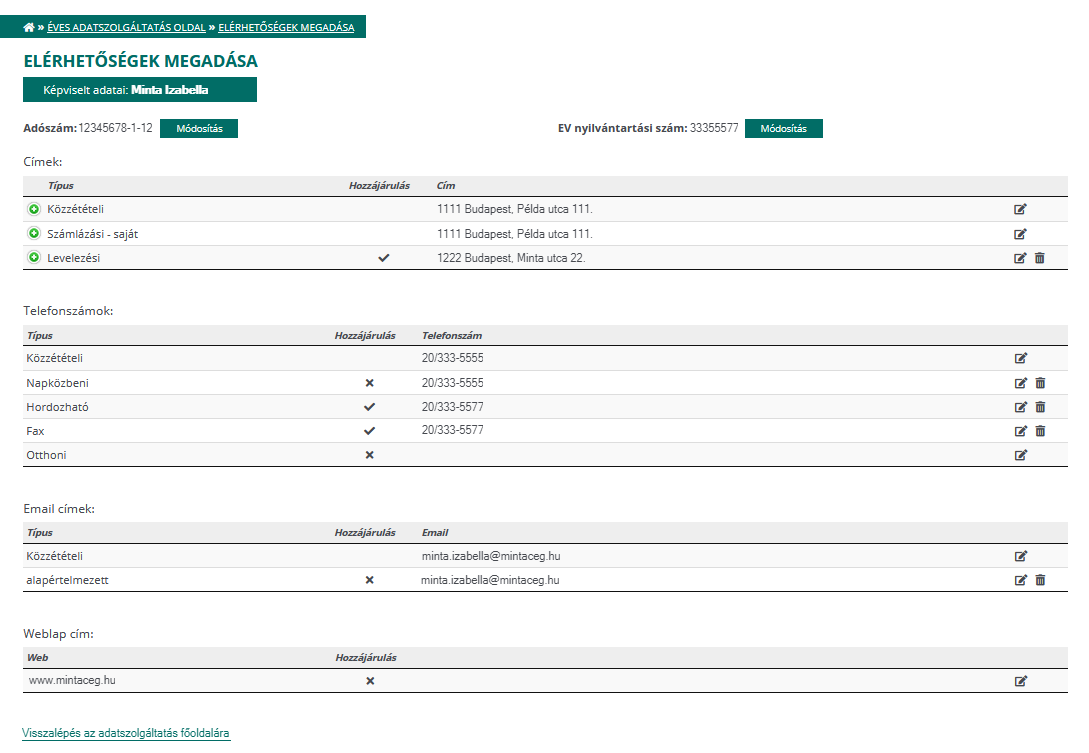Elérhetőségek megadása