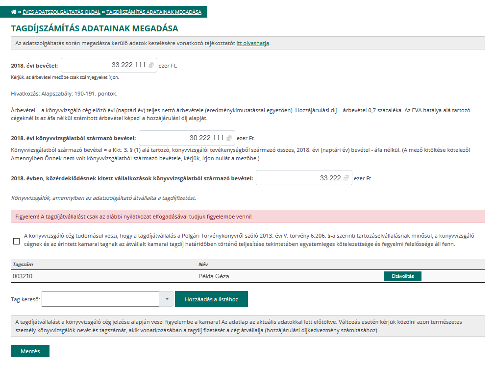 Társasági Tagdíjszámítás adatainak megadása