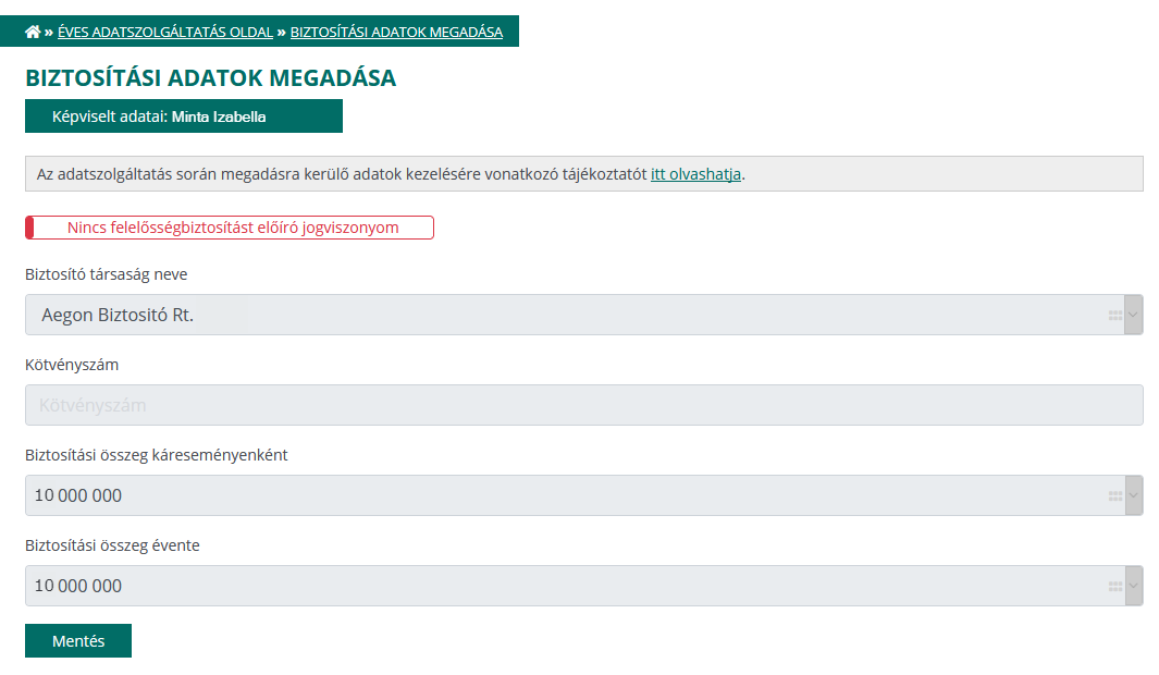 Biztosítási adatok megadása